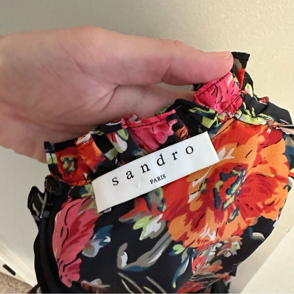 Sandro Paris Black Orange Pink Silk Floral Mini Dress Small - Picture 16 of 16